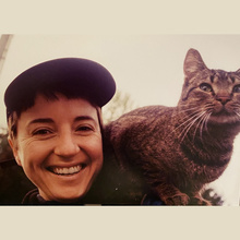 Selfie of Sarah Gordon Butler with her cat Diego on her shoulder