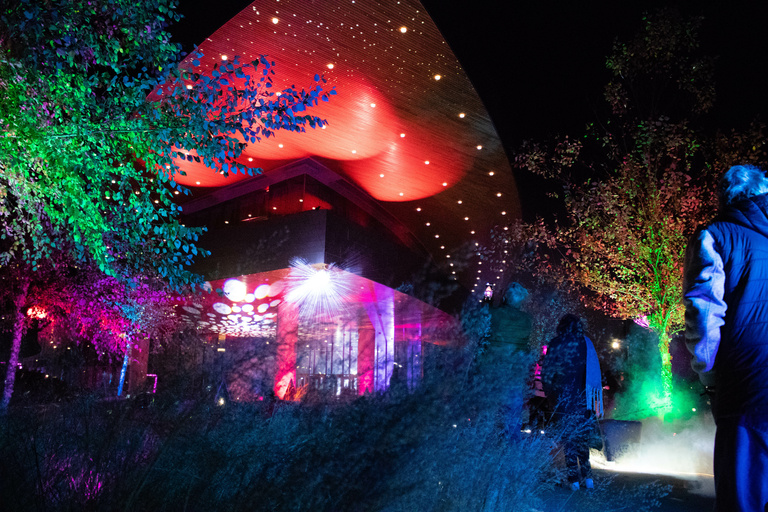 Hancher Illuminated with colored lights