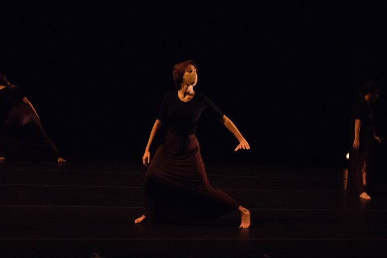 Female dancer wearing a mask lunging and looking up