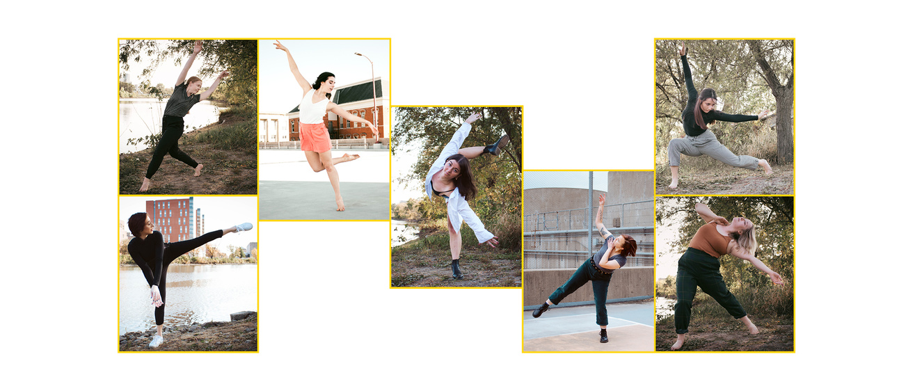 Collage of photos of dancers performing outdoors