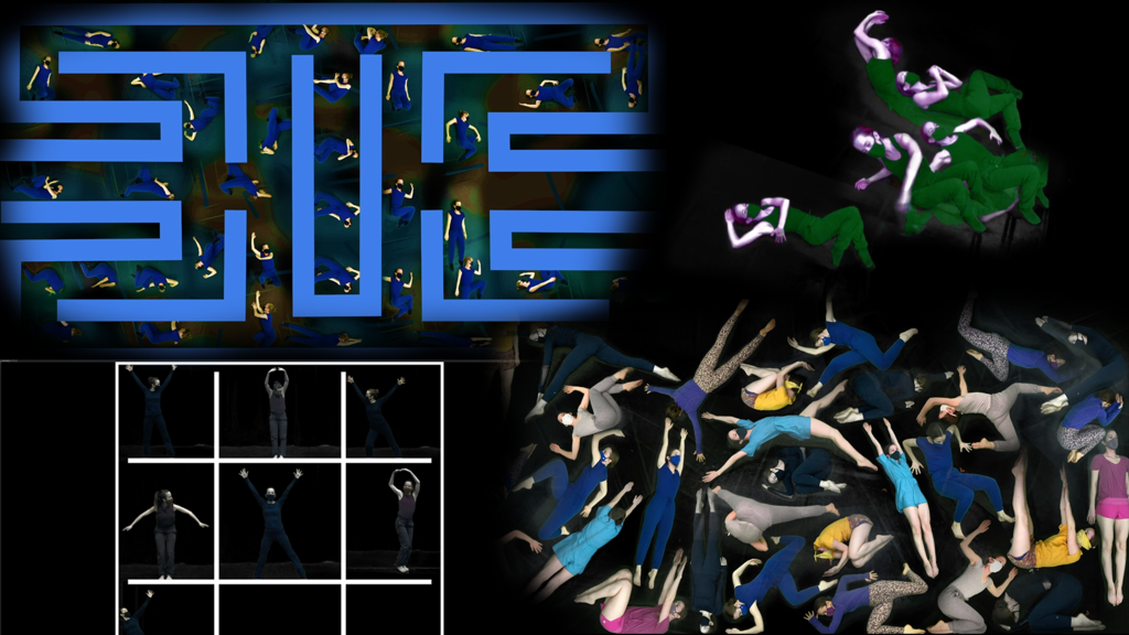 collage of images featuring a dancer in video game simulated environments