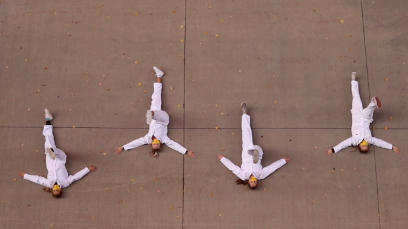 First-Year Seminar dancers in white, photo from above.